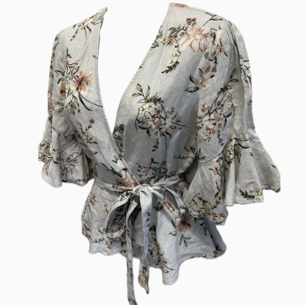 Zara Floral Wrap Top with Ruffle Sleeves